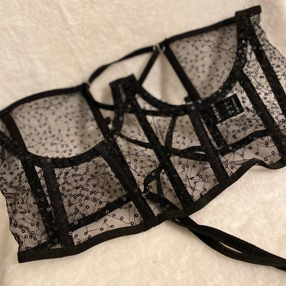 Sequin black mesh corset